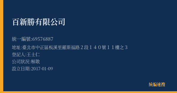 百新勝有限公司的照片-統編 69576887(臺北市) 公司登記資料與營業項目詳細圖表