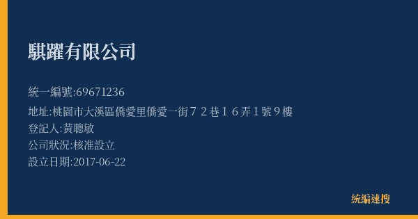 騏躍有限公司的照片-統編 69671236(桃園市) 公司登記資料與營業項目詳細圖表
