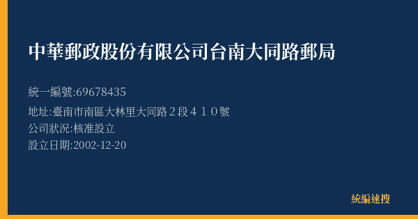 中華郵政股份有限公司台南大同路郵局的照片-統編 69678435(臺南市) 公司登記資料與營業項目詳細圖表