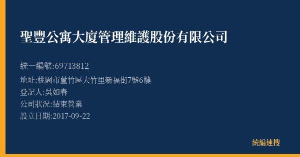 聖豐公寓大廈管理維護股份有限公司的照片-統編 69713812(桃園市) 公司登記資料與營業項目詳細圖表