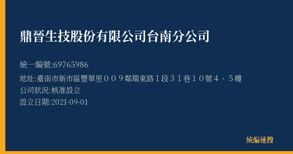鼎晉生技股份有限公司台南分公司的照片-統編 69765986(臺南市) 公司登記資料與營業項目詳細圖表