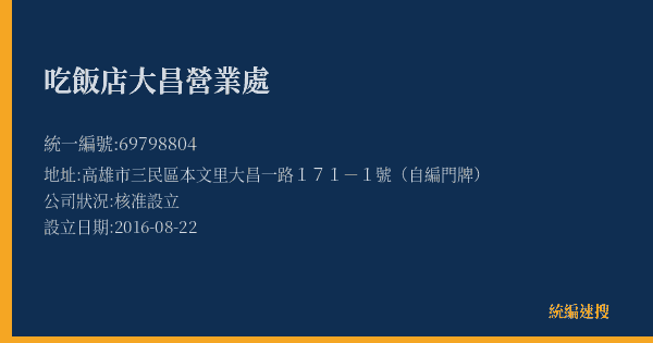 吃飯店大昌營業處的照片-統編 69798804(高雄市) 公司登記資料與營業項目詳細圖表