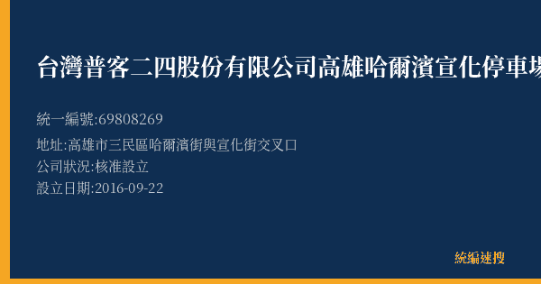 台灣普客二四股份有限公司高雄哈爾濱宣化停車場的照片-統編 69808269(高雄市) 公司登記資料與營業項目詳細圖表