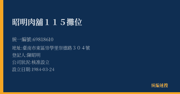 昭明肉舖115攤位的照片-統編 69818610(臺南市) 公司登記資料與營業項目詳細圖表