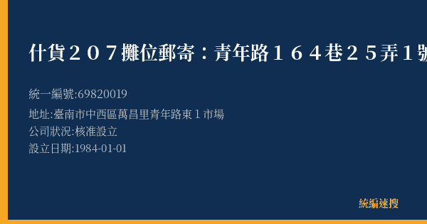 什貨207攤位郵寄:青年路164巷25弄1號的照片-統編 69820019(臺南市) 公司登記資料與營業項目詳細圖表