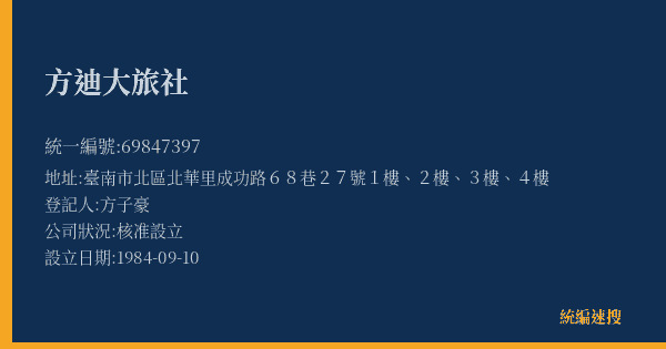方迪大旅社的照片-統編 69847397(臺南市) 公司登記資料與營業項目詳細圖表