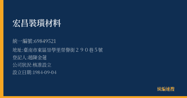 宏昌裝璜材料的照片-統編 69849521(臺南市) 公司登記資料與營業項目詳細圖表