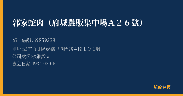 郭家蛇肉(府城攤販集中場A26號)的照片-統編 69859338(臺南市) 公司登記資料與營業項目詳細圖表