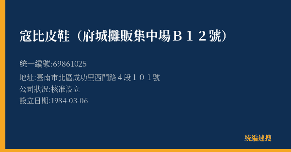 寇比皮鞋(府城攤販集中場B12號)的照片-統編 69861025(臺南市) 公司登記資料與營業項目詳細圖表