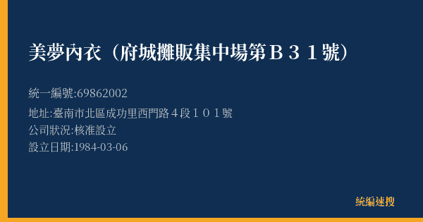美夢內衣(府城攤販集中場第B31號)的照片-統編 69862002(臺南市) 公司登記資料與營業項目詳細圖表