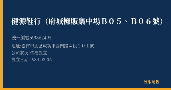 健源鞋行(府城攤販集中場B05、B06號)的照片-統編 69862495(臺南市) 公司登記資料與營業項目詳細圖表