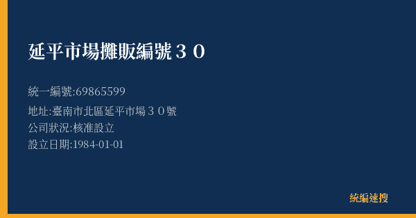 延平市場攤販編號30的照片-統編 69865599(臺南市) 公司登記資料與營業項目詳細圖表