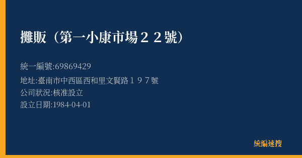 攤販(第一小康市場22號)的照片-統編 69869429(臺南市) 公司登記資料與營業項目詳細圖表