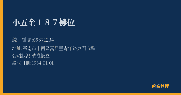 小五金187攤位的照片-統編 69871234(臺南市) 公司登記資料與營業項目詳細圖表