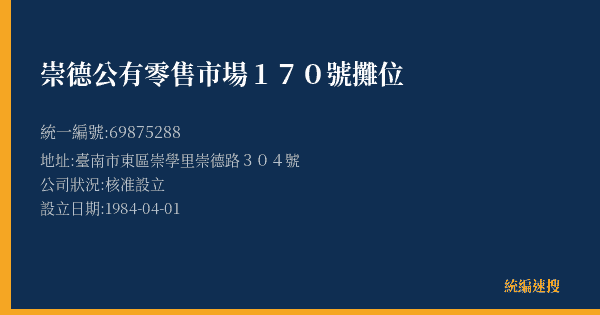 崇德公有零售市場170號攤位的照片-統編 69875288(臺南市) 公司登記資料與營業項目詳細圖表
