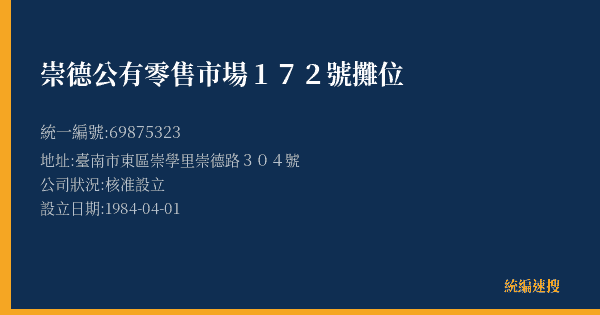 崇德公有零售市場172號攤位的照片-統編 69875323(臺南市) 公司登記資料與營業項目詳細圖表