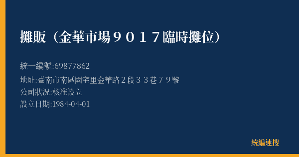 攤販(金華市場9017臨時攤位)的照片-統編 69877862(臺南市) 公司登記資料與營業項目詳細圖表