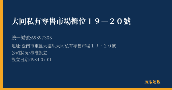 大同私有零售市場攤位19―20號的照片-統編 69897305(臺南市) 公司登記資料與營業項目詳細圖表