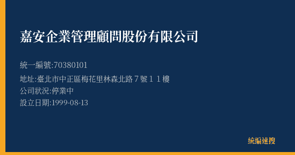 嘉安企業管理顧問股份有限公司的照片-統編 70380101(臺北市) 公司登記資料與營業項目詳細圖表