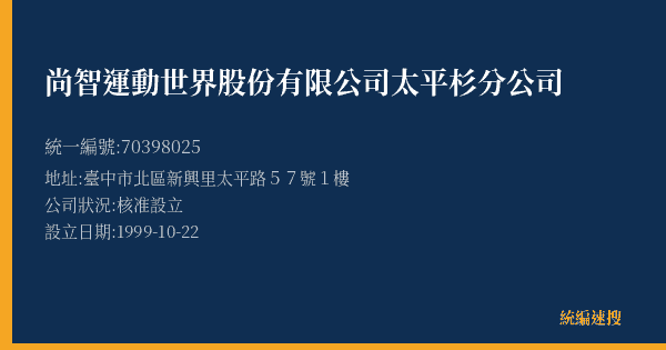 尚智運動世界股份有限公司太平杉分公司的照片-統編 70398025(臺中市) 公司登記資料與營業項目詳細圖表