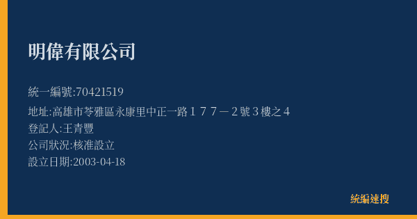 明偉有限公司的照片-統編 70421519(高雄市) 公司登記資料與營業項目詳細圖表