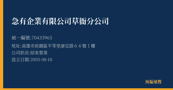 急有企業有限公司草衙分公司的照片-統編 70433965(高雄市) 公司登記資料與營業項目詳細圖表