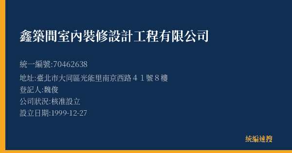 鑫築間室內裝修設計工程有限公司的照片-統編 70462638(臺北市) 公司登記資料與營業項目詳細圖表