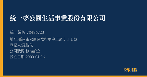 統一夢公園生活事業股份有限公司的照片-統編 70486723(臺南市) 公司登記資料與營業項目詳細圖表