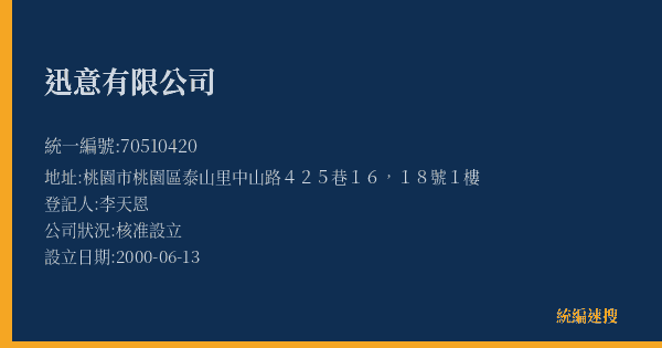 迅意有限公司的照片-統編 70510420(桃園市) 公司登記資料與營業項目詳細圖表