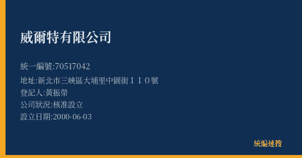 威爾特有限公司的照片-統編 70517042(新北市) 公司登記資料與營業項目詳細圖表
