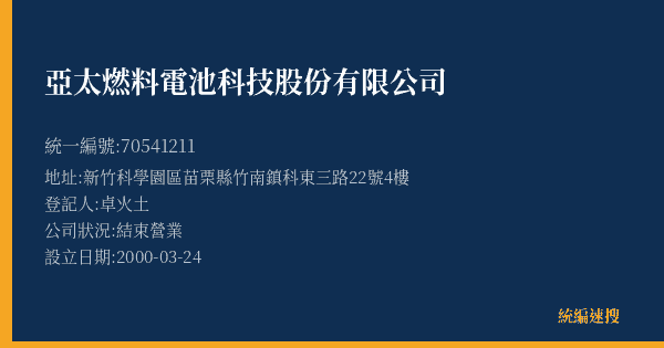 亞太燃料電池科技股份有限公司的照片-統編 70541211(苗栗縣) 公司登記資料與營業項目詳細圖表