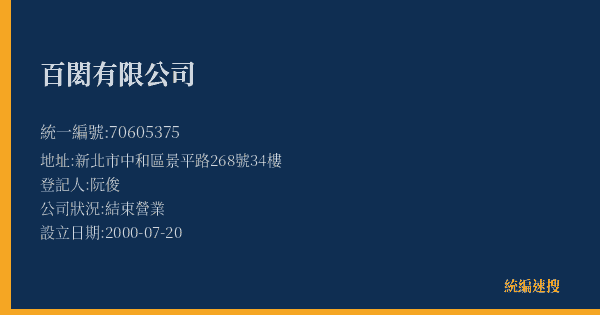 百閎有限公司的照片-統編 70605375(新北市) 公司登記資料與營業項目詳細圖表
