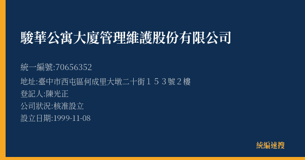 駿華公寓大廈管理維護股份有限公司的照片-統編 70656352(臺中市) 公司登記資料與營業項目詳細圖表
