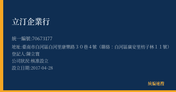 立汀企業行的照片-統編 70673177(臺南市) 公司登記資料與營業項目詳細圖表