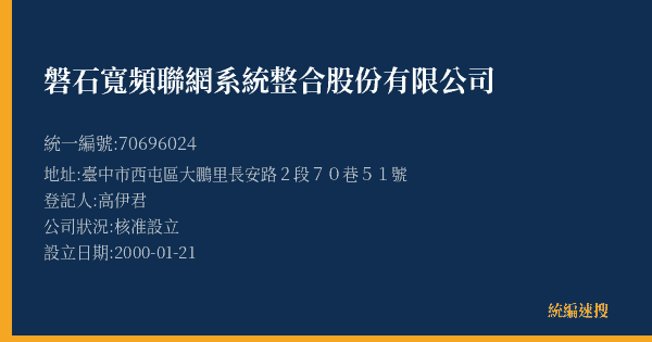 磐石寬頻聯網系統整合股份有限公司的照片-統編 70696024(臺中市) 公司登記資料與營業項目詳細圖表