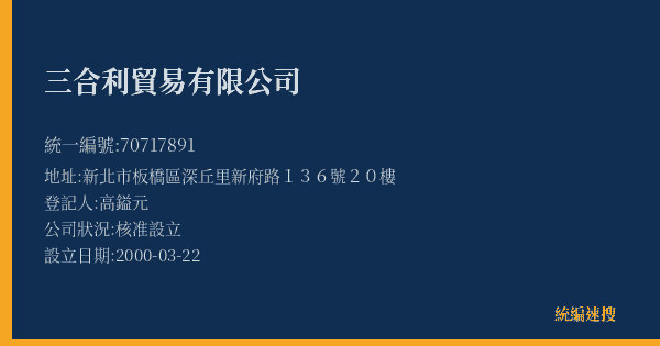 三合利貿易有限公司的照片-統編 70717891(新北市) 公司登記資料與營業項目詳細圖表