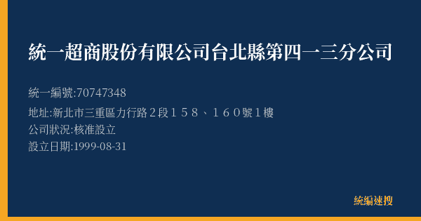 統一超商股份有限公司台北縣第四一三分公司的照片-統編 70747348(新北市) 公司登記資料與營業項目詳細圖表