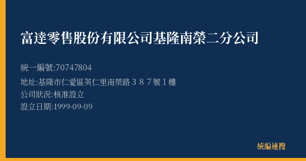 富逹零售股份有限公司基隆南榮二分公司的照片-統編 70747804(基隆市) 公司登記資料與營業項目詳細圖表