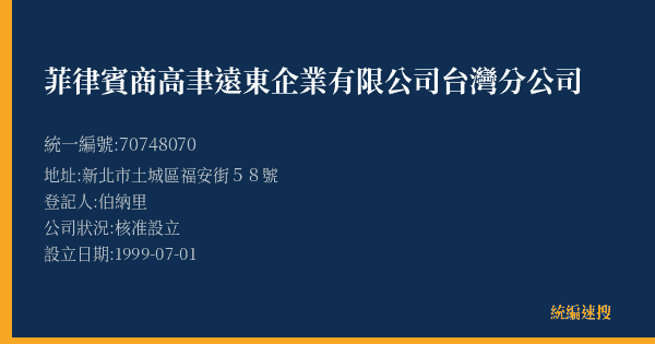菲律賓商高聿遠東企業有限公司台灣分公司的照片-統編 70748070(新北市) 公司登記資料與營業項目詳細圖表