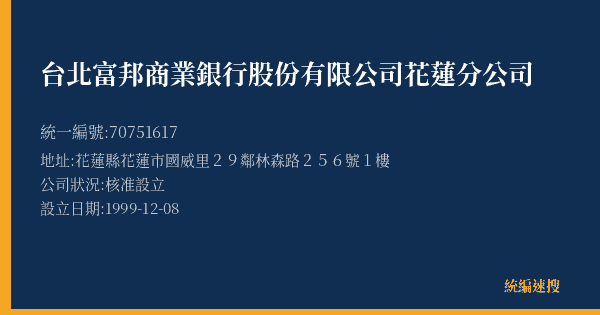 台北富邦商業銀行股份有限公司花蓮分公司的照片-統編 70751617(花蓮縣) 公司登記資料與營業項目詳細圖表
