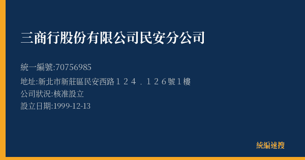 三商行股份有限公司民安分公司的照片-統編 70756985(新北市) 公司登記資料與營業項目詳細圖表
