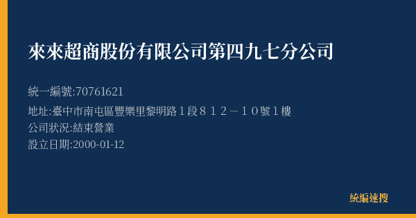 來來超商股份有限公司第四九七分公司的照片-統編 70761621(臺中市) 公司登記資料與營業項目詳細圖表