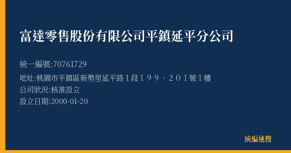 富達零售股份有限公司平鎮延平分公司的照片-統編 70761729(桃園市) 公司登記資料與營業項目詳細圖表