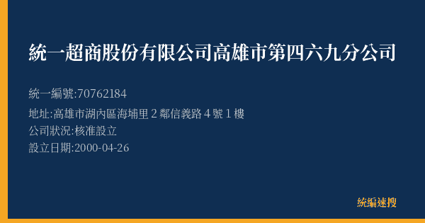 統一超商股份有限公司高雄市第四六九分公司的照片-統編 70762184(高雄市) 公司登記資料與營業項目詳細圖表