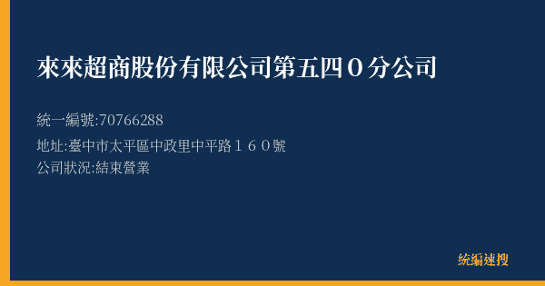 來來超商股份有限公司第五四0分公司的照片-統編 70766288(臺中市) 公司登記資料與營業項目詳細圖表