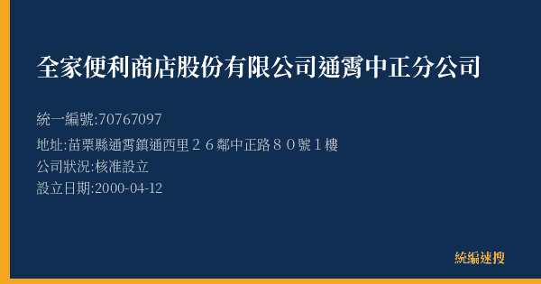 全家便利商店股份有限公司通霄中正分公司的照片-統編 70767097(苗栗縣) 公司登記資料與營業項目詳細圖表