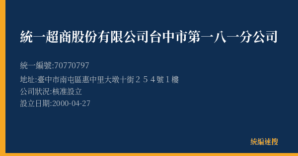 統一超商股份有限公司台中市第一八一分公司的照片-統編 70770797(臺中市) 公司登記資料與營業項目詳細圖表