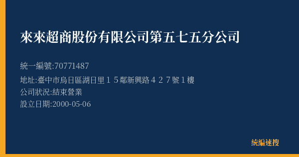 來來超商股份有限公司第五七五分公司的照片-統編 70771487(臺中市) 公司登記資料與營業項目詳細圖表
