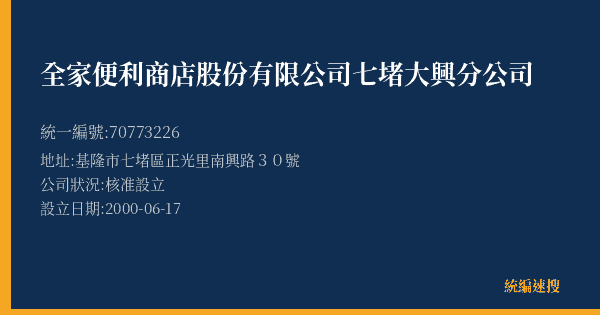 全家便利商店股份有限公司七堵大興分公司的照片-統編 70773226(基隆市) 公司登記資料與營業項目詳細圖表