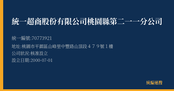 統一超商股份有限公司桃園縣第二一一分公司的照片-統編 70773921(桃園市) 公司登記資料與營業項目詳細圖表